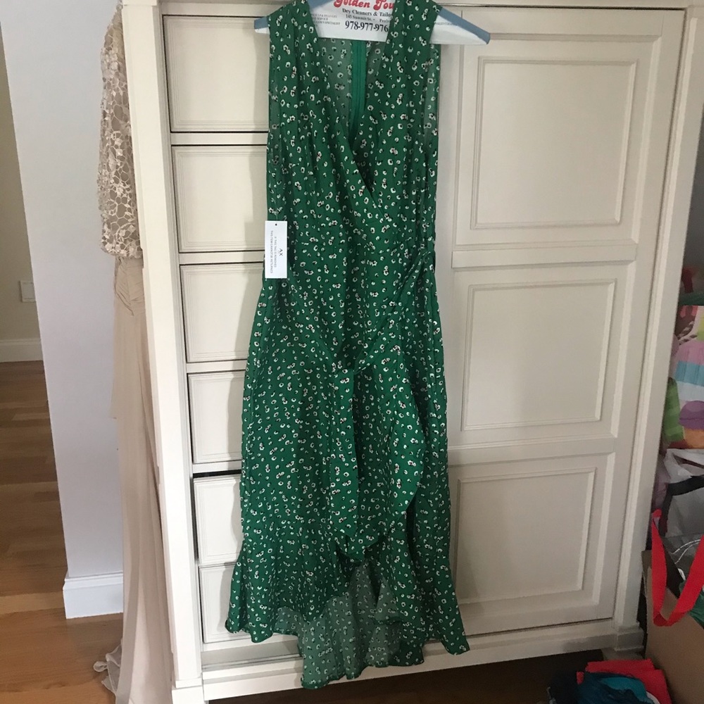 Green silk print faux wrap dress